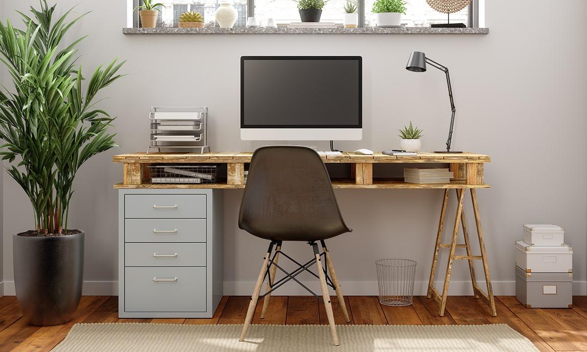 Home office, desk, chair, and computer monitor