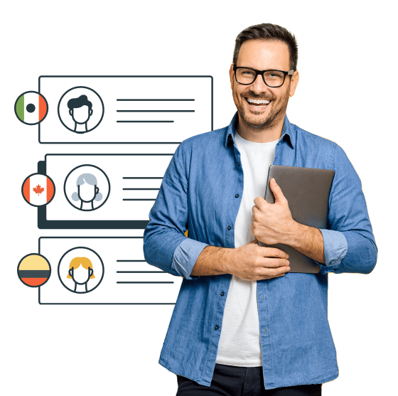 Guy holding a laptop with mexican, canadian, and colombian flags on the screen