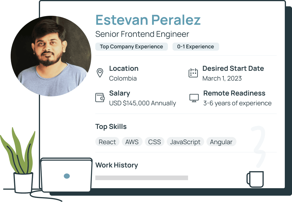 Software engineer profile from the Terminal Talent hub platform that shows skills, salary expectations, location, remote readiness and desired start date