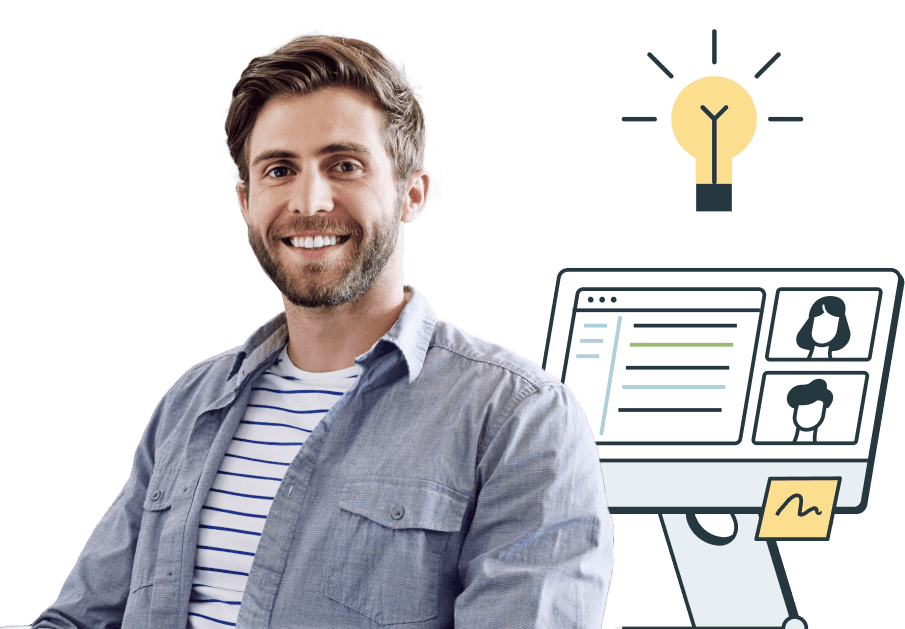 Man smiling with a computer and bulb behind him