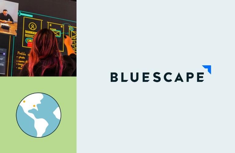 Bluescape logo and woman using Bluescape virtual whiteboard