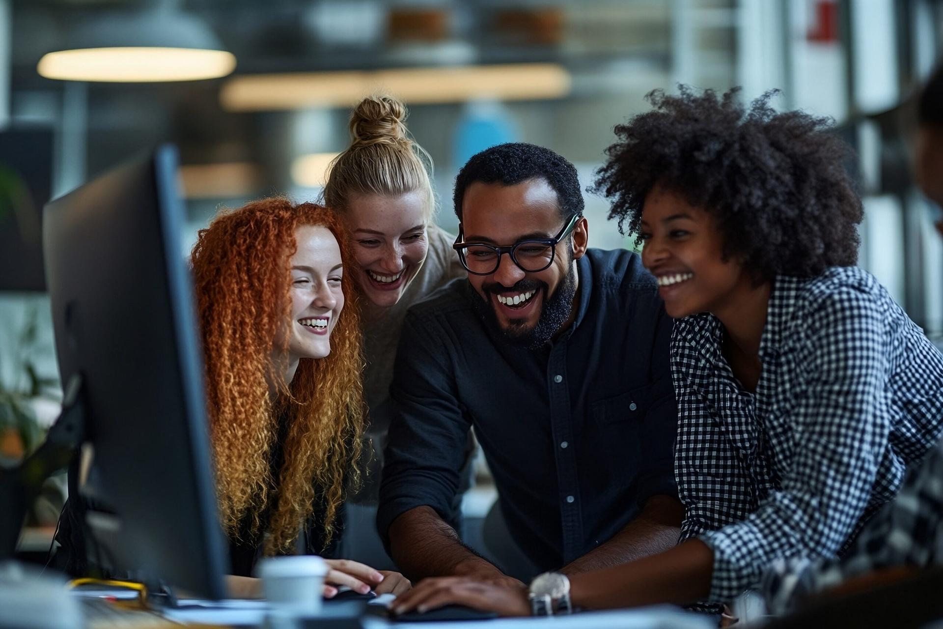 A group of four people working together in an office, gathered around the computer screen to laugh at something on it.
