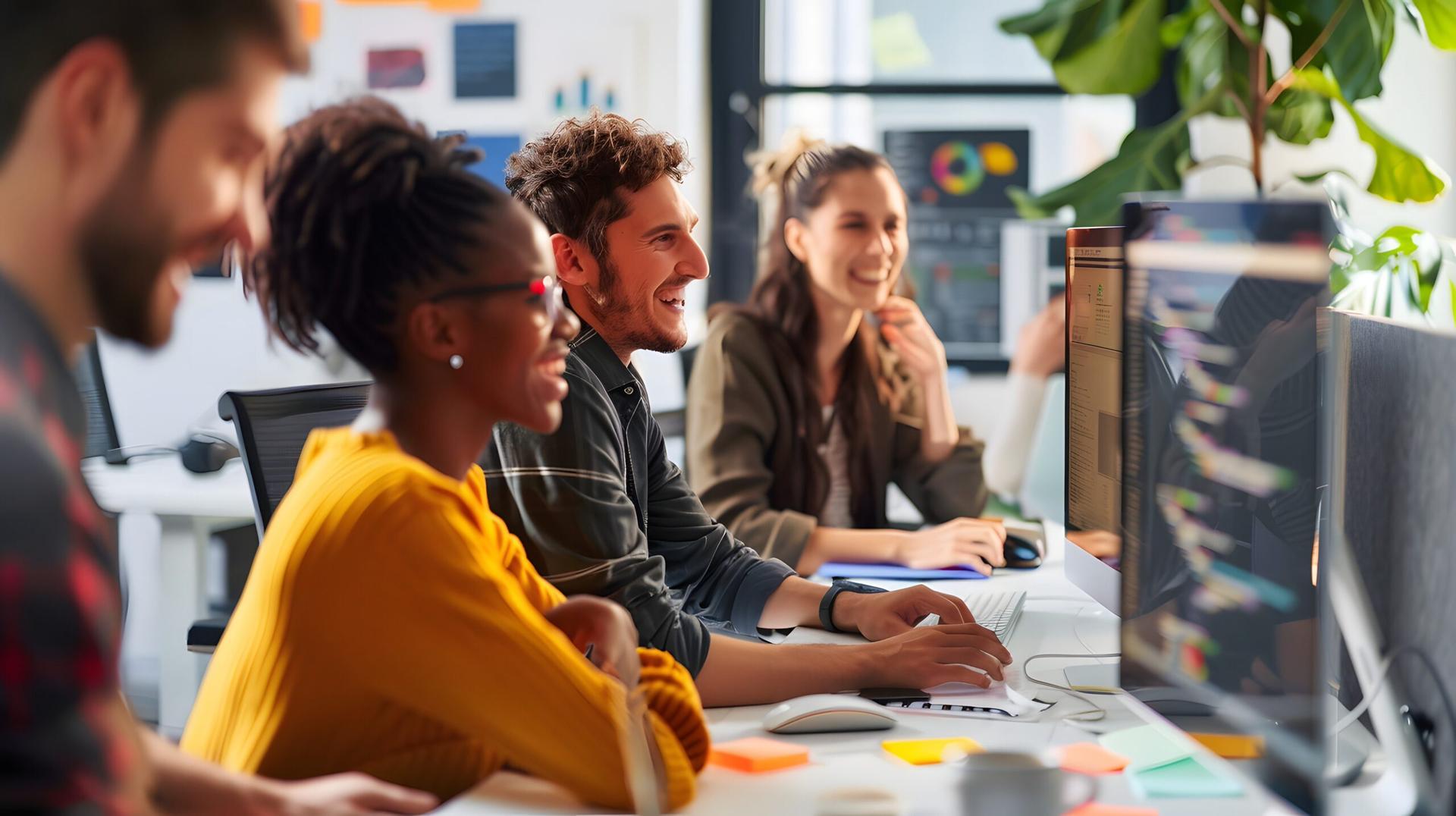 Group of young business people working and communicating together in modern office.